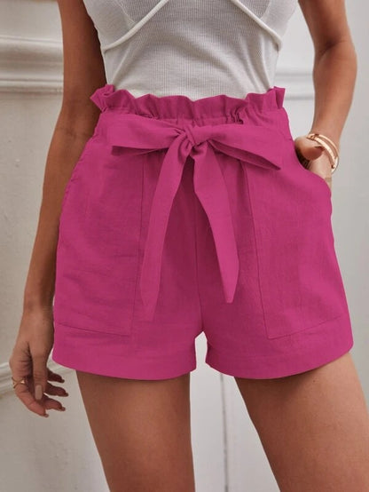 Women Casual Solid Color High Waist Bowknot Lace-Up Loose Shorts