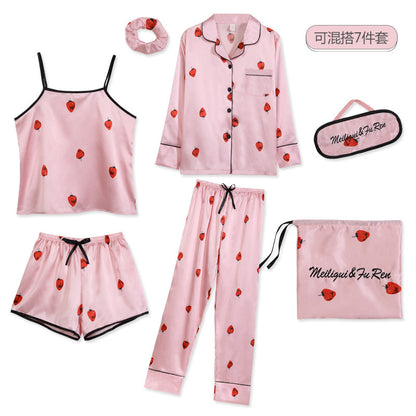 Conjunto de pijama fino de siete piezas con estampado de rayas informal sencillo para mujer