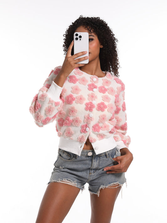 Chaqueta informal de felpa con cuello redondo y manga larga de jacquard para mujer
