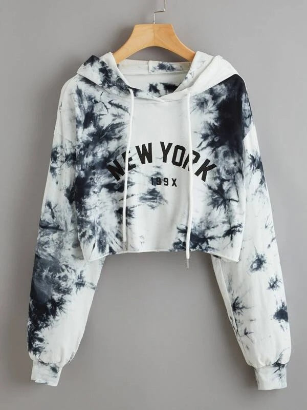 Sudadera corta informal con estampado tie-dye de manga larga para mujer
