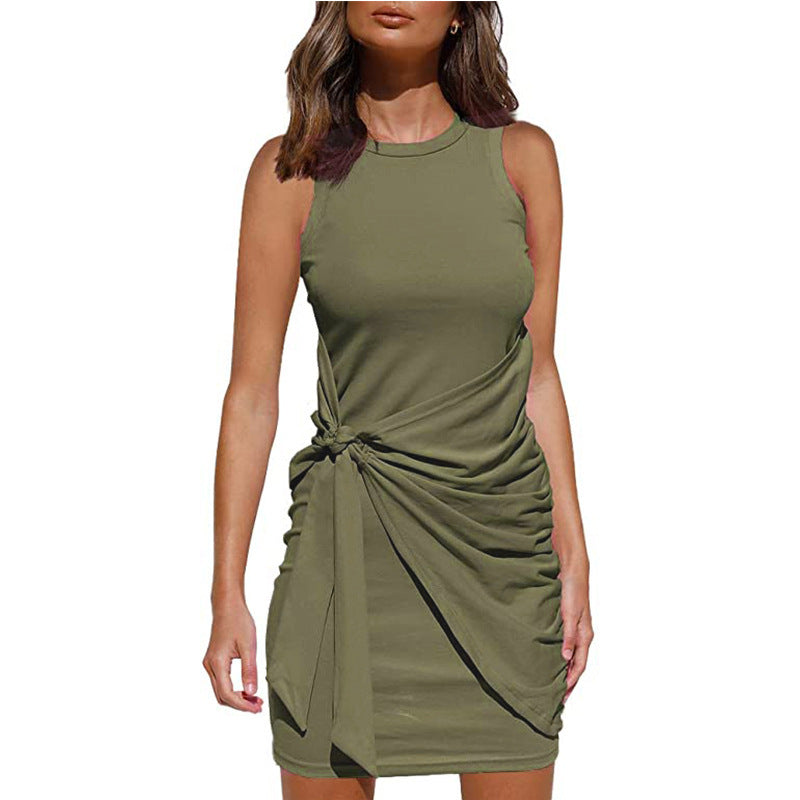 Vestido informal sin mangas con lazo de color liso a la moda para mujer