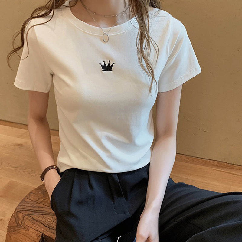 Camiseta básica informal de manga corta con cuello redondo y color liso para mujer