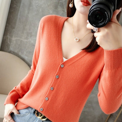 Chaqueta de punto con cuello en V informal de manga larga para mujer