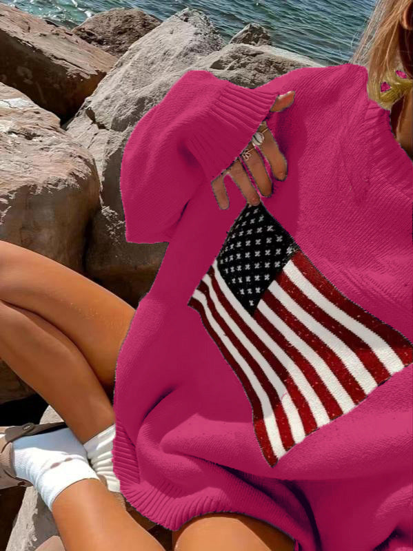 Suéter holgado informal de manga larga con estampado de bandera y estrellas para mujer