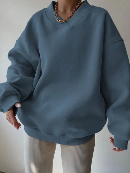 Autumn Winter Women Casual Loose Solid Color Round Neck Long Sleeve Sweatshirt