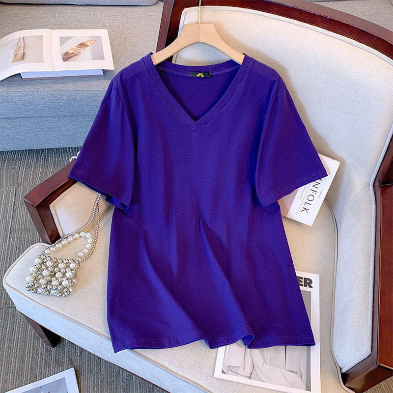 Camiseta informal de verano para mujer, color liso, cuello en V y manga corta