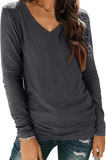 Camiseta informal de manga larga con cuello en V y color liso para mujer