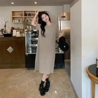Vestido casual de manga corta de color liso para mujer