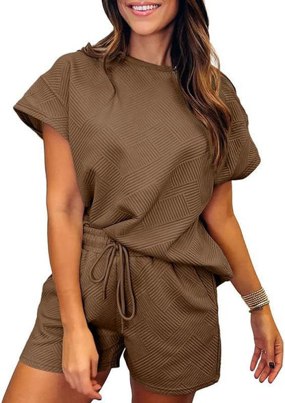 Conjunto de dos piezas informal para mujer, color liso, cuello redondo, manga corta, pantalones cortos con cordones