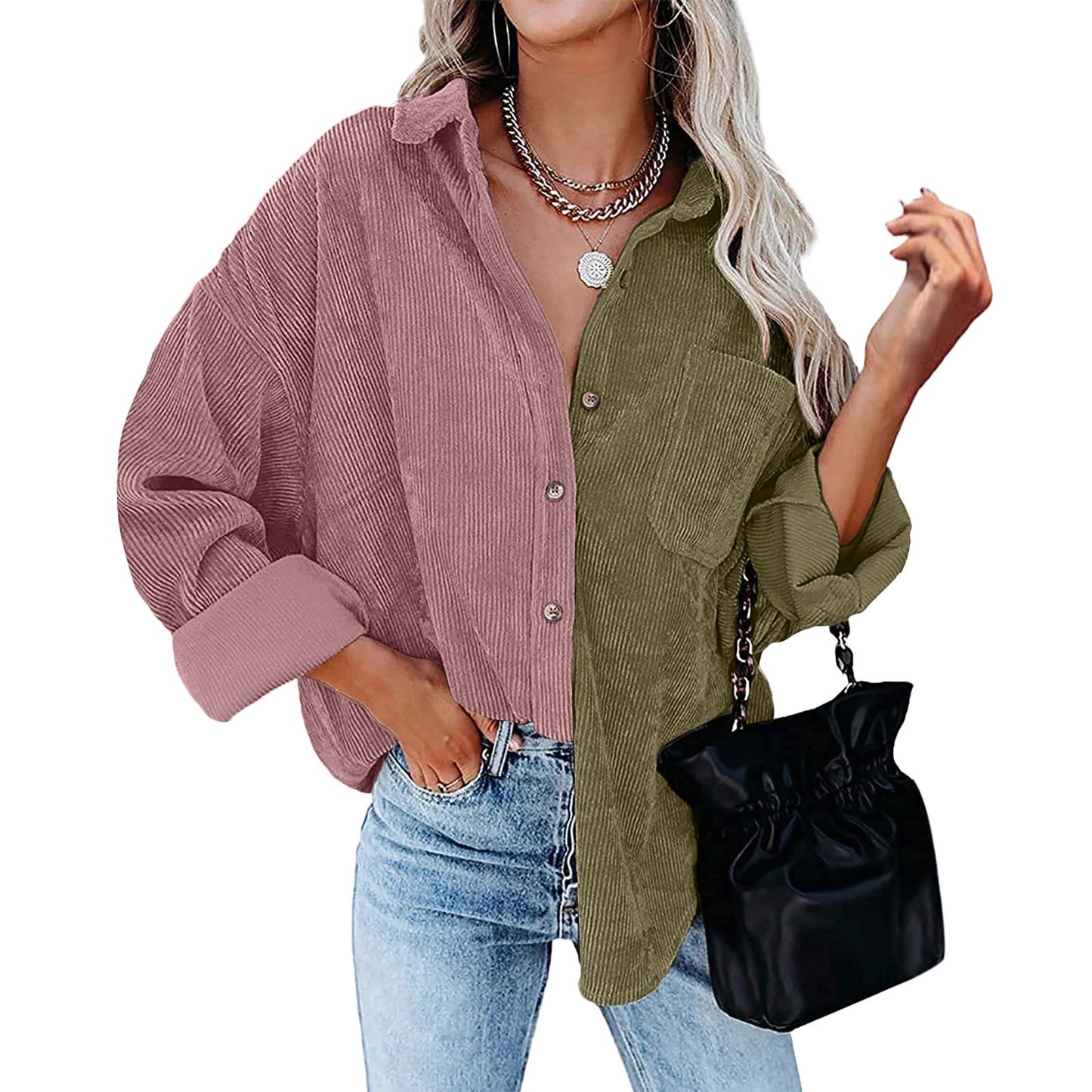 Blusa informal de manga larga con solapa y botones para mujer, con diseño de patchwork y bloqueo de color