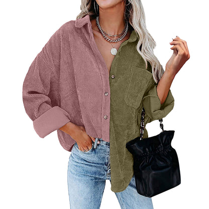 Blusa informal de manga larga con solapa y botones para mujer, con diseño de patchwork y bloqueo de color