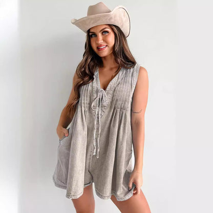 Women Fashion Casual Solid Color V-Neck Sleeveless Loose Denim Rompers