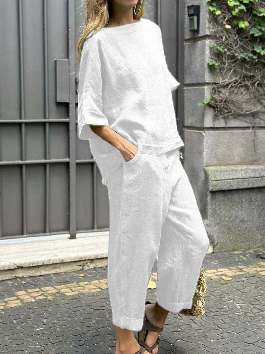 Conjunto de dos piezas de camisa y pantalón holgados de color liso para mujer