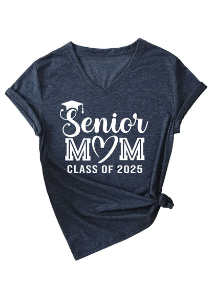 Camiseta informal de verano para mujer, color liso, con estampado de letras Mom, cuello en V y manga corta 2025