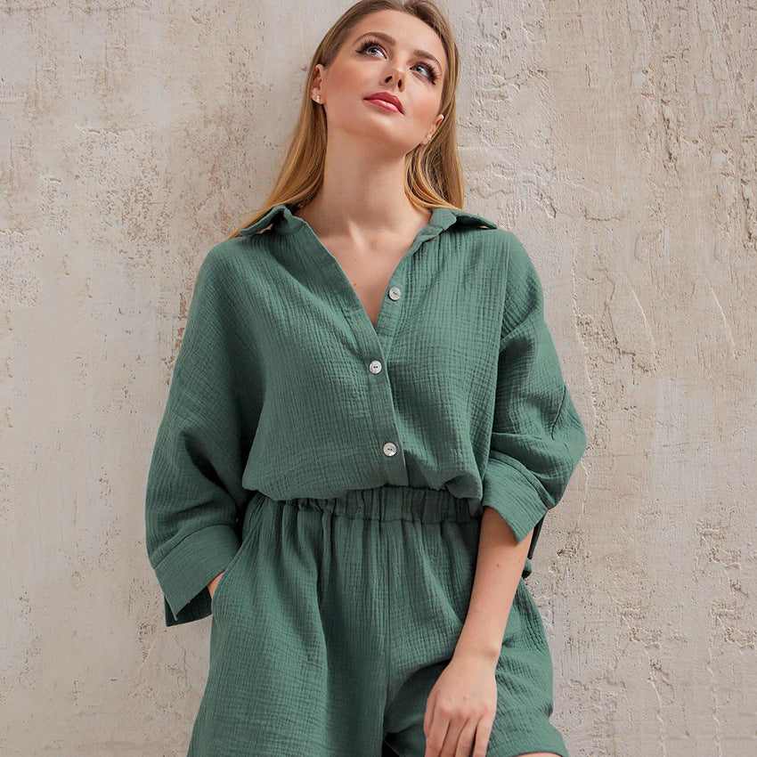 Conjunto de pijama para mujer, de color liso, informal, de manga larga y pantalones cortos para el hogar