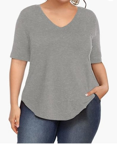 Summer Women Casual Plus Size Solid Color V-Neck Short-Sleeved T-Shirt