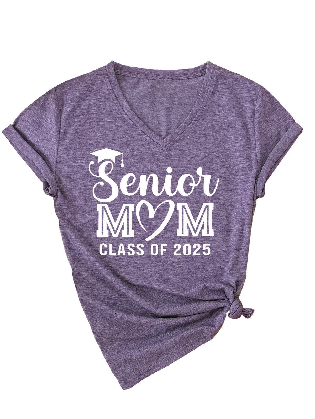 Camiseta informal de verano para mujer, color liso, con estampado de letras Mom, cuello en V y manga corta 2025