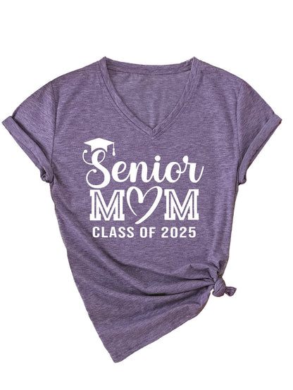 Camiseta informal de verano para mujer, color liso, con estampado de letras Mom, cuello en V y manga corta 2025