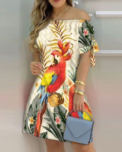 Women Casual Off-The-Shoulder Short Sleeves Color Blocking Dress