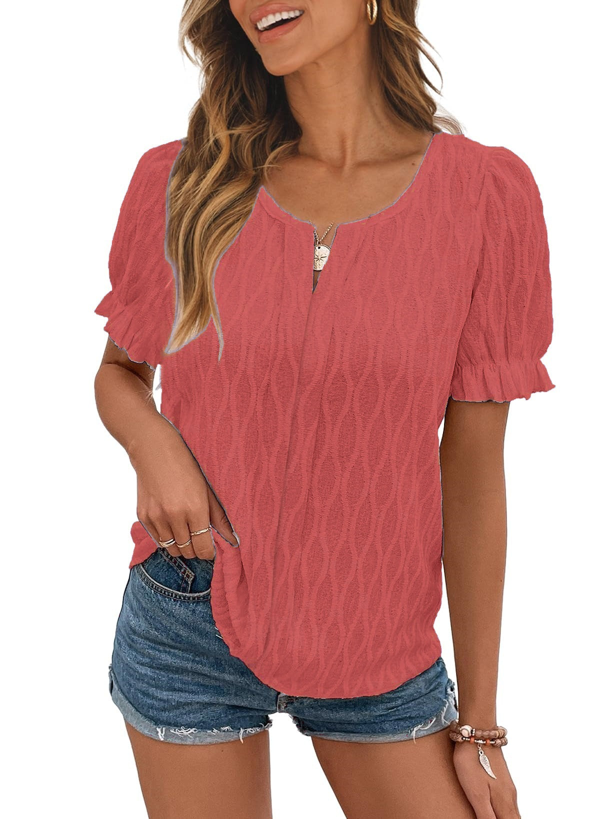 Blusa informal de jacquard de color liso con cuello en V y mangas abullonadas para mujer