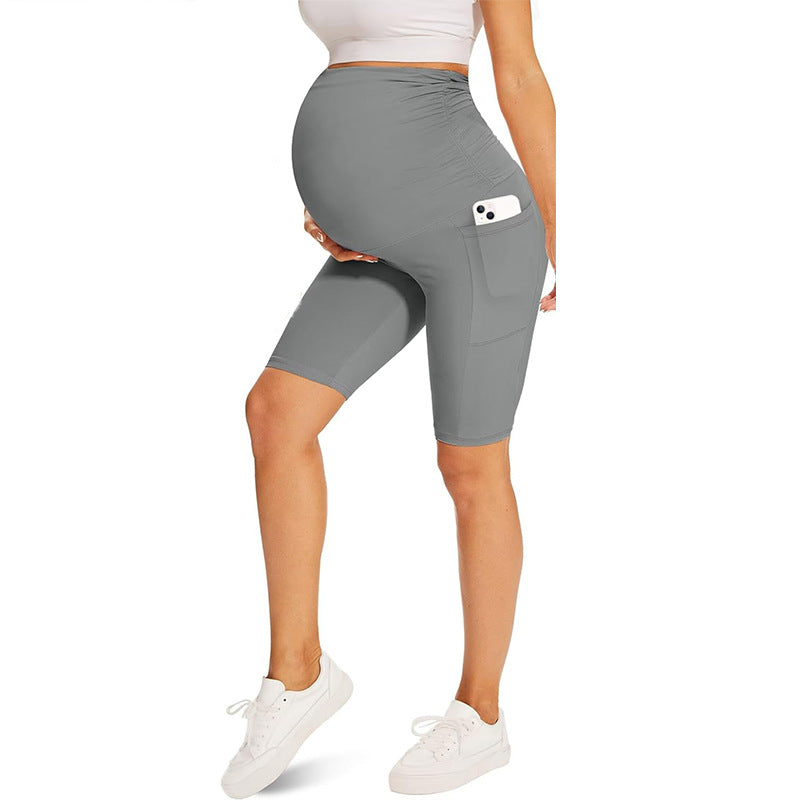 Pregnant Women Casual Solid Color High-Waist Slim-Fit Abdomen-Supporting Shorts