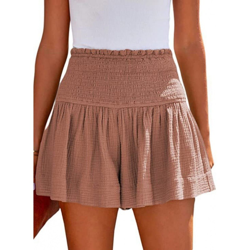 Women Casual Cotton And Linen Solid Color High Waist Pleated Shorts