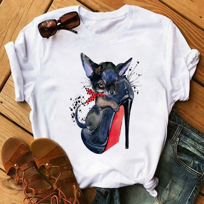 Camiseta informal de manga corta con cuello redondo y estampado de labios para mujer