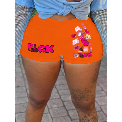Women Fashion Casual Letter Printing Elastic Waist Shorts