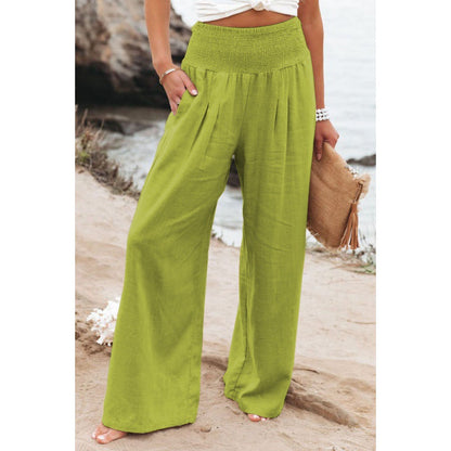 Women Fashion Casual Solid Color Cotton Linen Elastic-Waist Wide Leg Pants