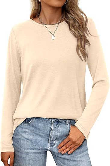 Camiseta informal de verano para mujer, color liso, cuello redondo, manga larga, en blanco