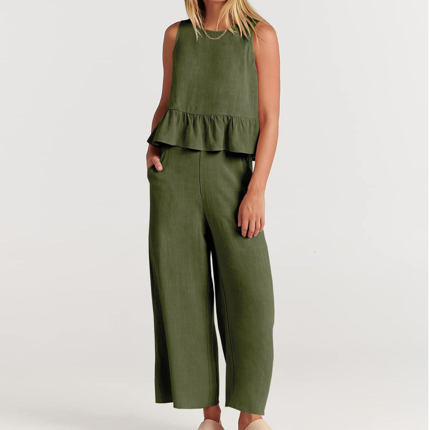Conjunto de pantalón holgado sin mangas con volantes informales de color liso para mujer