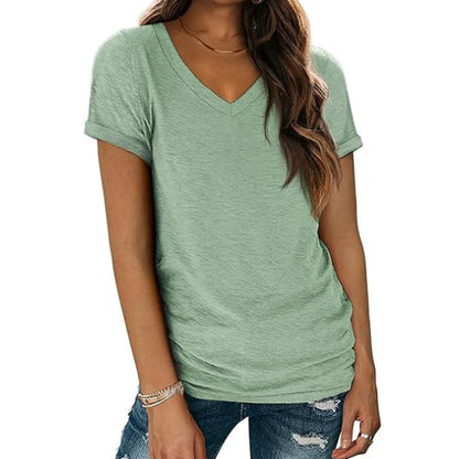 Camiseta informal de verano para mujer, color liso, cuello en V, manga corta, sin mangas