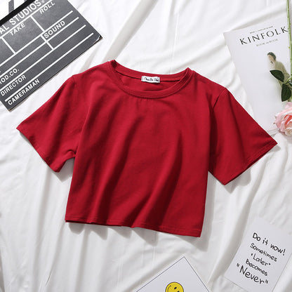 Camiseta básica de verano para mujer, de manga corta, color liso, con cuello redondo y cintura alta, informal, holgada