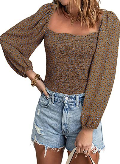 Camisa informal de color liso con cuello cuadrado y mangas abullonadas para mujer