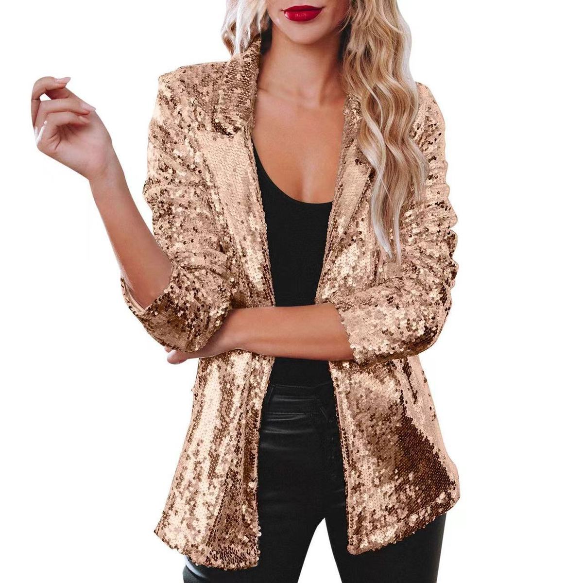Chaqueta informal de manga larga con solapa y lentejuelas de color liso para mujer