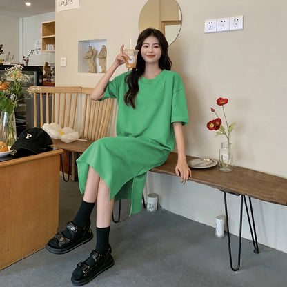 Vestido casual de manga corta de color liso para mujer