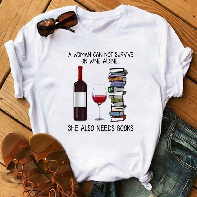 Camiseta holgada informal de manga corta con estampado gráfico de vino para mujer