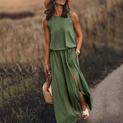 Women Casual Solid Color Sleeveless Side-Slit Maxi Dress