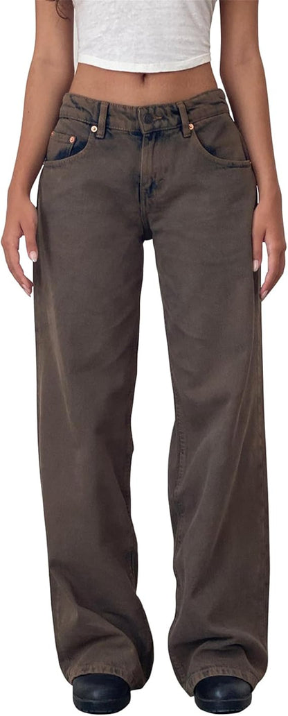 Vaqueros rectos de cintura baja de color liso Reteo informales para mujer