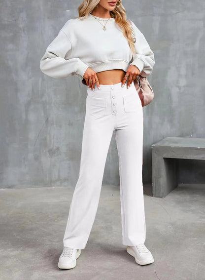 Fashion Women Casual Straight High Waist Button Elastic Multiple Pockets Pants