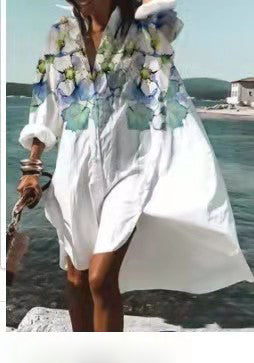 Women Casual Long Sleeves Summer Fashion Lapel Single-breasted Shirt Dress