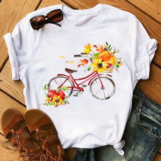 Camiseta holgada informal de manga corta con estampado de bicicleta para mujer