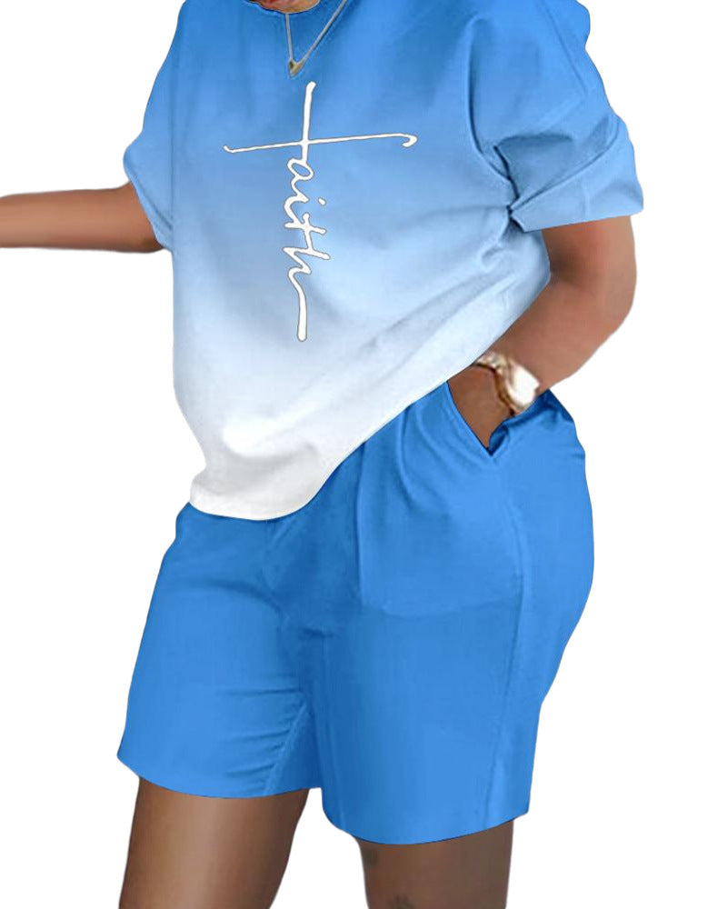 Conjunto de dos piezas de top y pantalones cortos de manga corta con cuello redondo y estampado gráfico informal para mujer