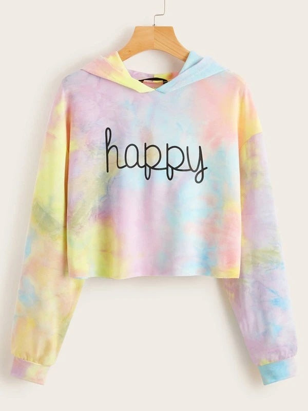 Sudadera corta informal con estampado tie-dye de manga larga para mujer