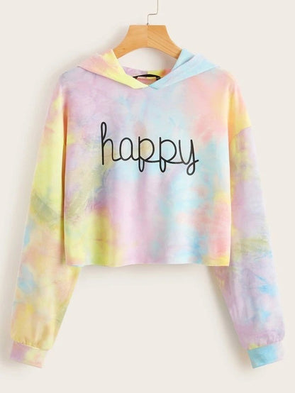 Sudadera corta informal con estampado tie-dye de manga larga para mujer