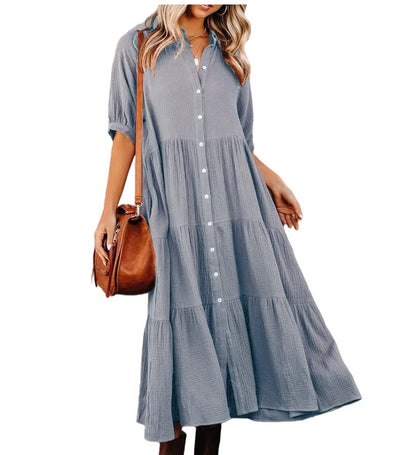Summer Women Casual Solid Color Button Loose Shirt Dress