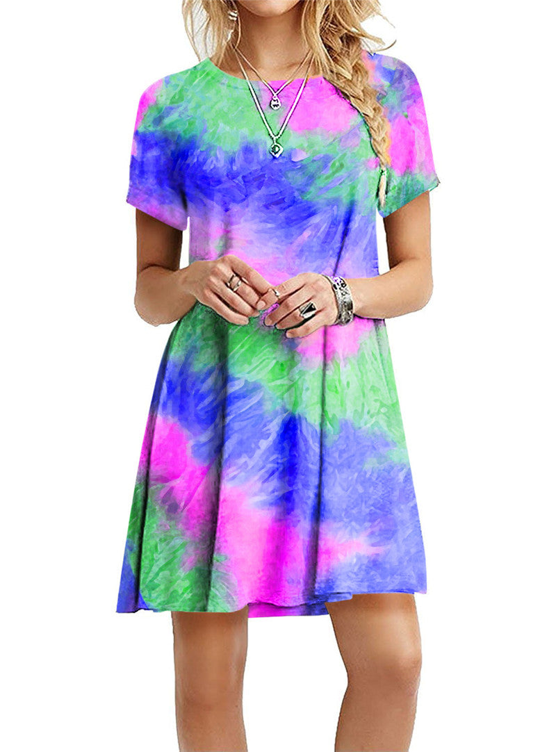 Vestido mini informal holgado de manga corta con estampado degradado de arcoíris y teñido anudado para mujer