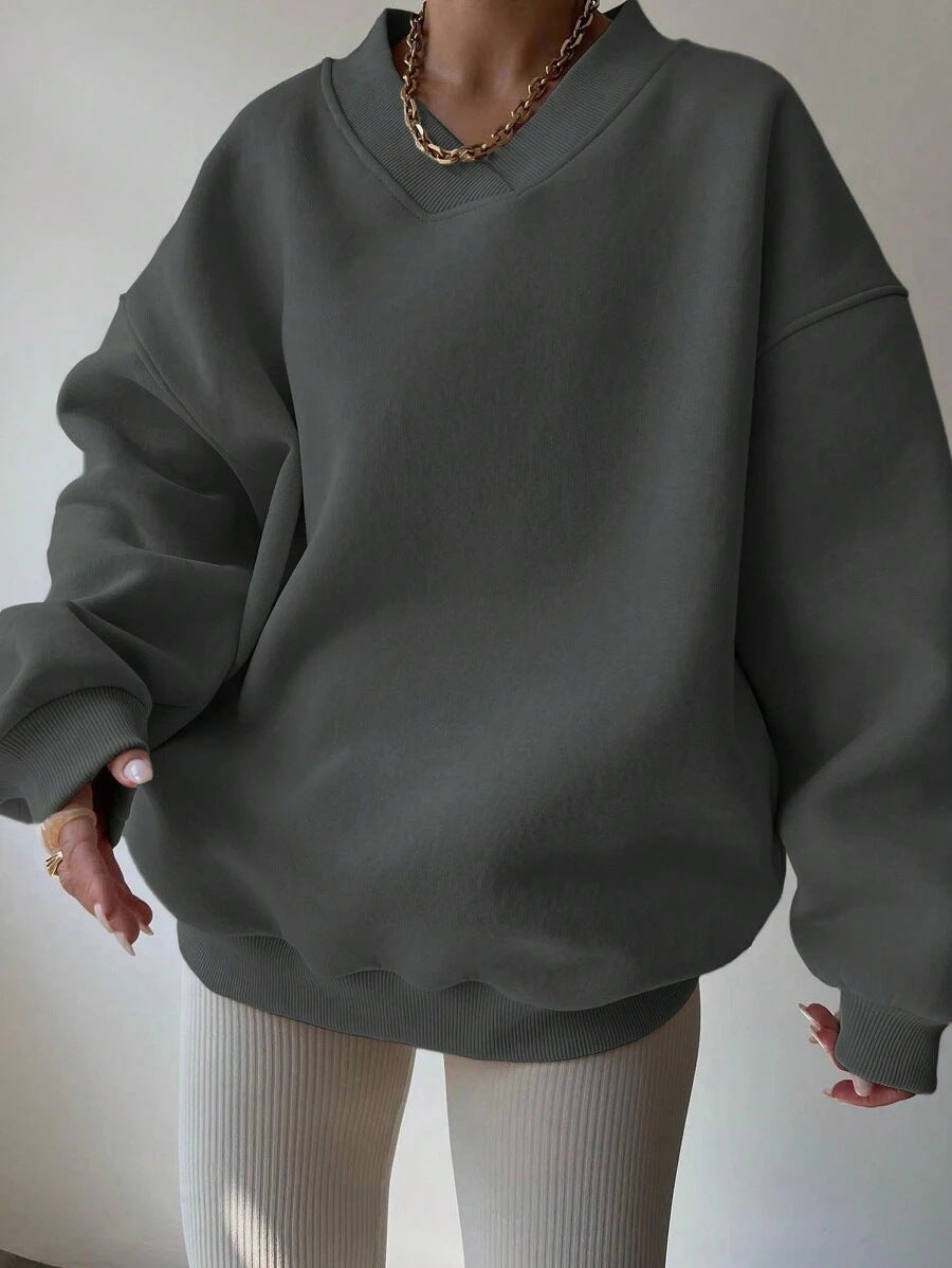 Autumn Winter Women Casual Loose Solid Color Round Neck Long Sleeve Sweatshirt