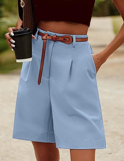 Women Fashion Casual Solid Color Elastic Waist Wide Leg Pockets Shorts