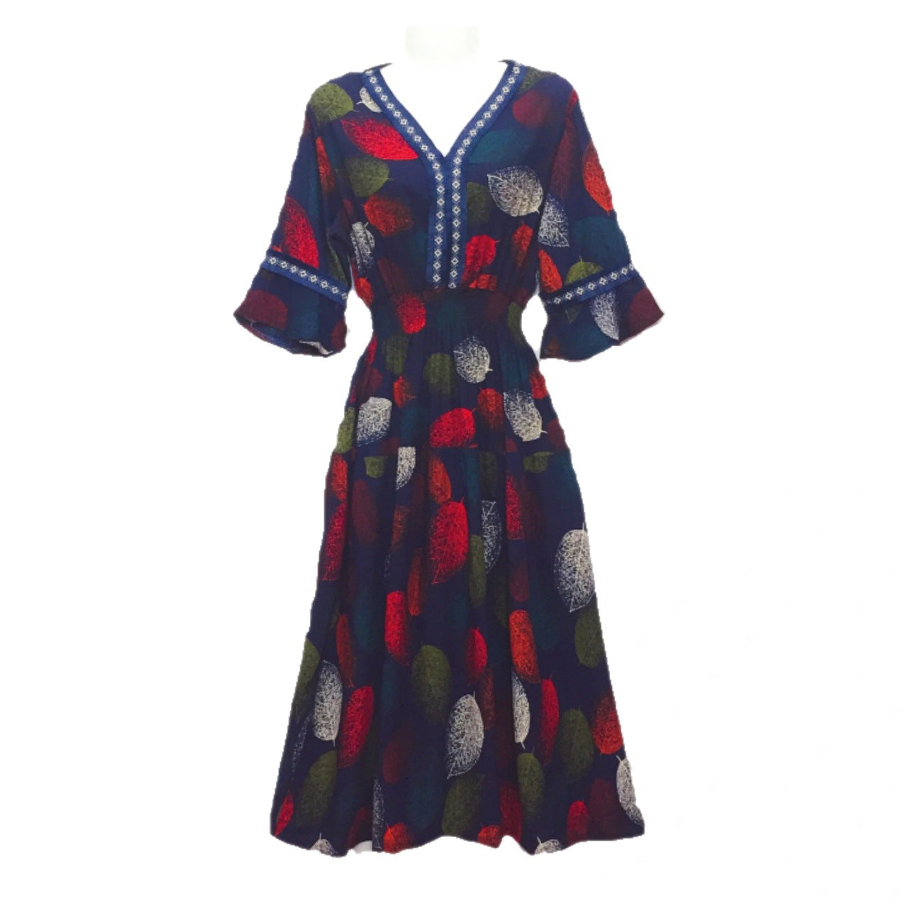 Vestido midi holgado informal de verano con cuello en V y mangas acampanadas para mujer